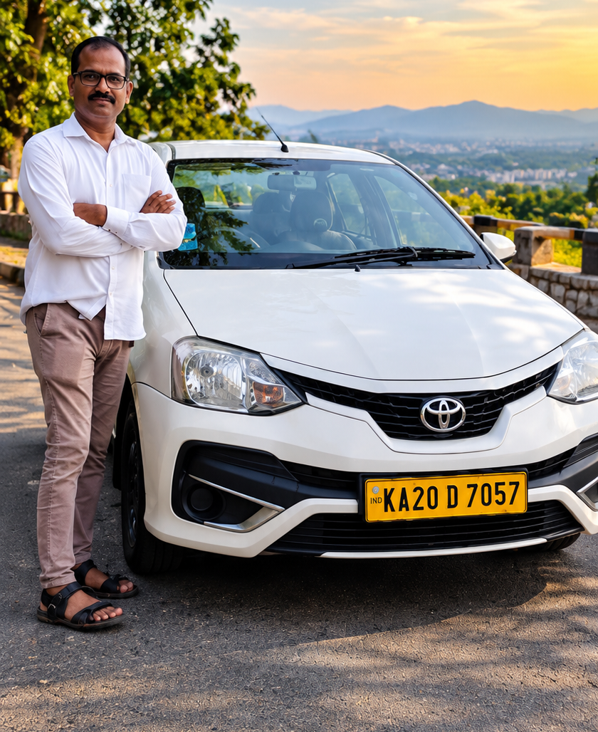 Mohammad Haneef with Toyota Etios Taxi KA20 D 7057 Ajwan Taxi Manipal